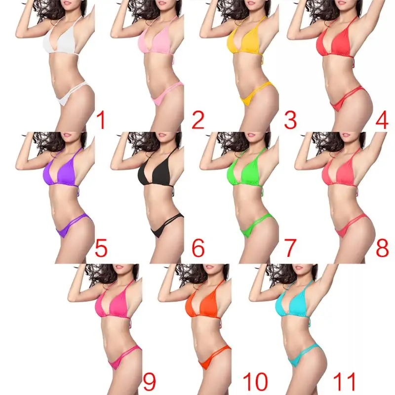 

Womens Sexy Bikini Set Halter Deep V-Neck Triangle Bra Brazilian Style Candy Color Swimsuit Double Strappy Thong Lingerie