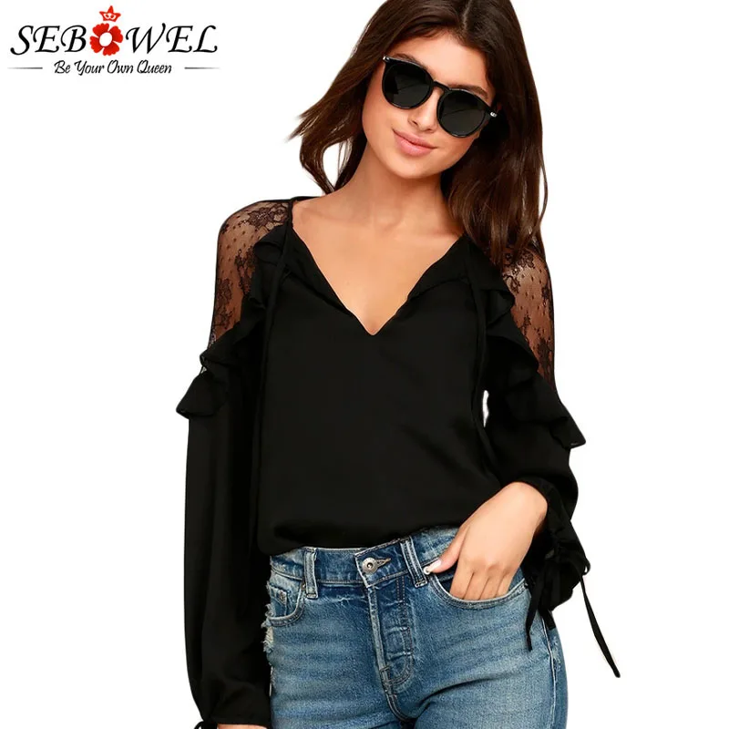 

SEBOWEL Long Sleeve Ruffle V Neck Lace Tops Woman White/Black Sheer Tying Cuffs Big Size for Female Blouses Shirts Size S-XXL