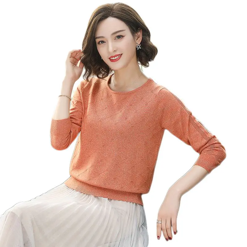 

2019 New Spring Women's Ice Silk Thin Knitted Sweater Female O-Neck Bottoming Shirt Loose Korean Version Long Sleeve Tops A111