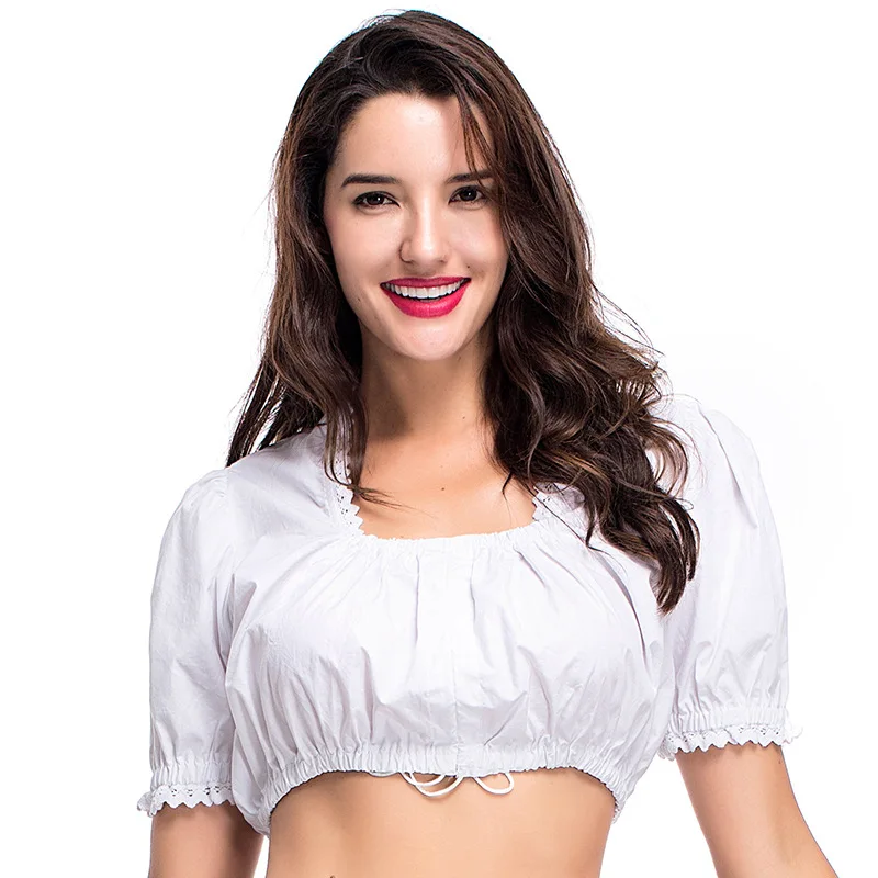 

Women's Bavarian Oktoberfest Dirndl Blouse Solid Color Ruched Lace Trim Short Sleeve Tube Top