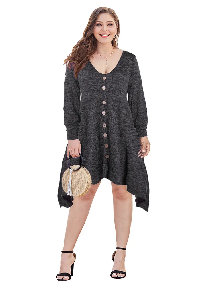

Wipalo Plus Size Irregular Hem Button Casual Dress Women Long Sleeve Solid Autumn V-Neck Dresses Femme Vestidos Big Size 5XL