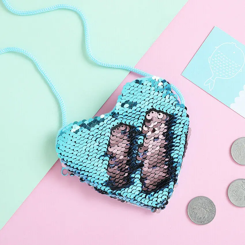 Новая модная детская Наплечная Сумочка с пайетками через плечо для девочек, мини-сумки с сердечками и блестками, цветные Кошельки для монет - Цвет: Синий