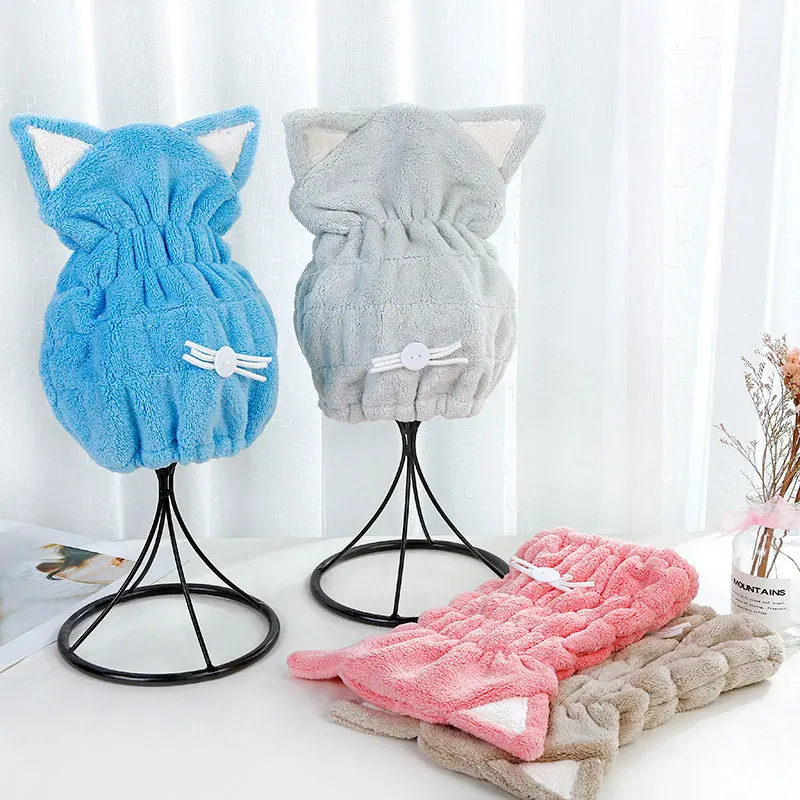 

Cat Ear Shower Cap Coral Fleece Hair Turban Quickly Dry Hair Hat Wrapped Towel Bathing Shower Cap Gorra Mujer Bathroom Cap