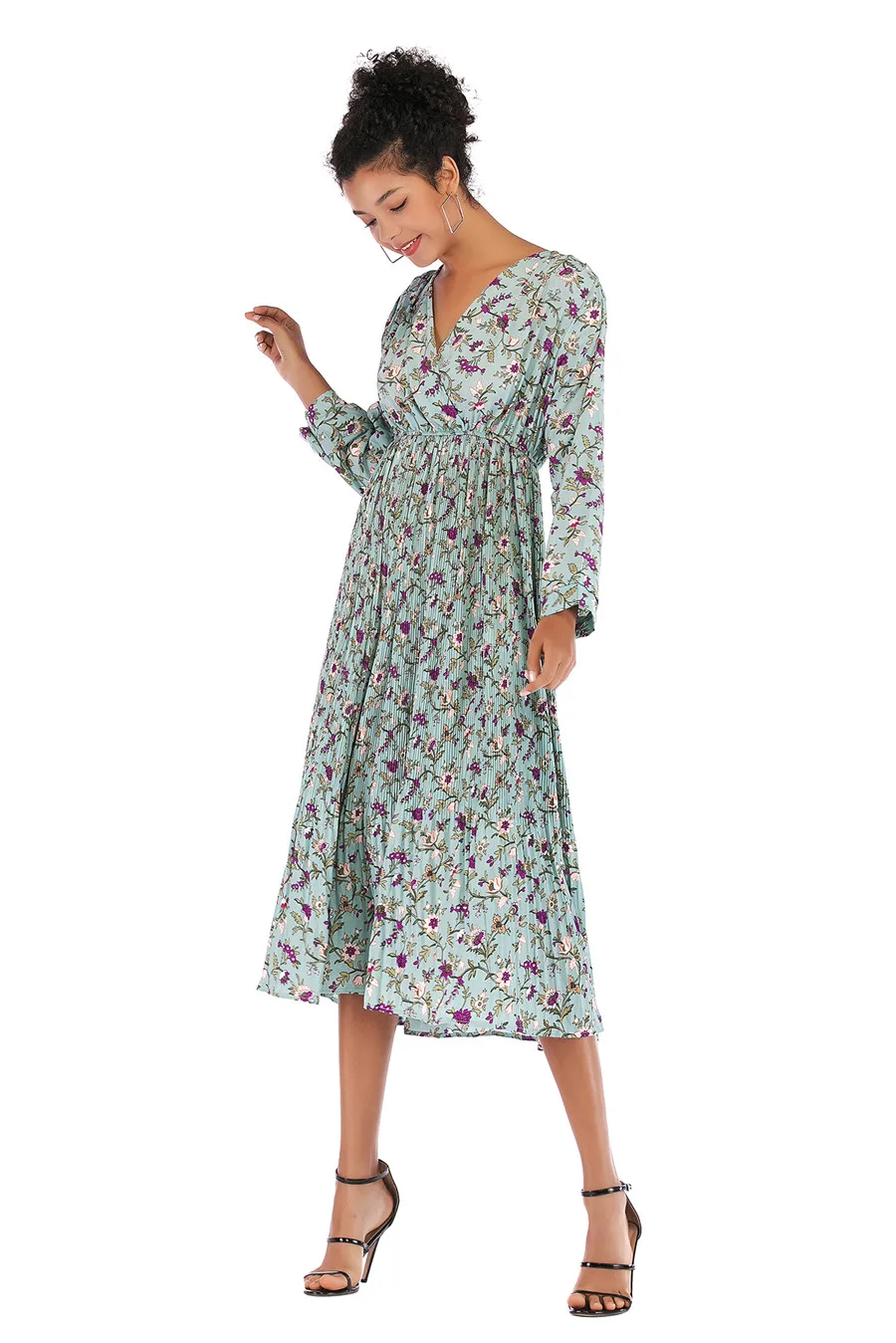 Gladiolus Hot 2018 Autumn Dress Women Long Sleeve V-Neck Sexy Floral Print Tunic Loose Midi Chiffon Dress Women Beach Sundress (12)