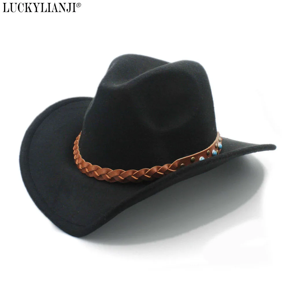 

LUCKYLIANJI Wool Felt Western Cowboy Hat For Womem Men Wide Brim Cowgirl Turquoise Braid Leather Band ( Size:57cm,Adjust Rope)