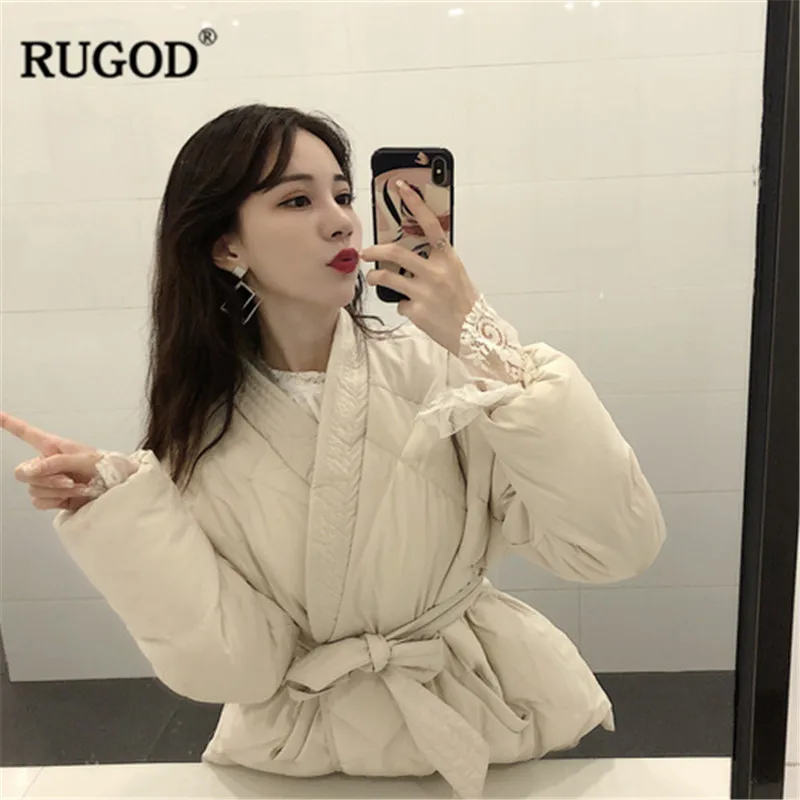 Tanie RUGOD Vintage solidna kobiety kurtka płaszcz bawełna kobiety płaszcz z paskiem grube ciepłe zimowe ubrania abrigos mujer invierno 2019