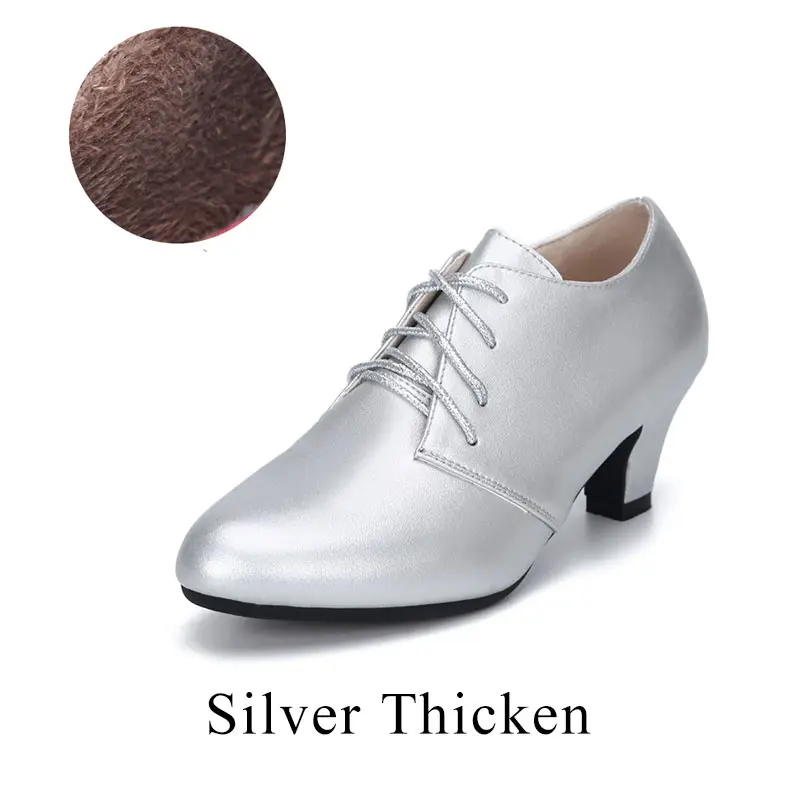 Зимняя женская танцевальная обувь; цвет красный, черный, серебристый; обувь для латинских танцев, танго, бальных танцев; Каблук 5,5 см; Современная обувь для танцев - Цвет: Silver thicken