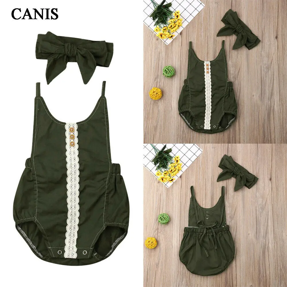 

Canis Newborn Infant Baby Girls Floral Lace Sleeveless Sling Backless Green Causal Romper Jumpsuit+Headband Clothes Outfit