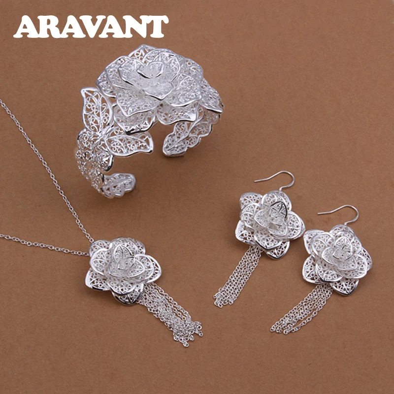 

Fashion Flowers Jewelry Set 925 Silver Jewelry Necklace Drop Earring Open Bangle For Women Wedding Jewelry