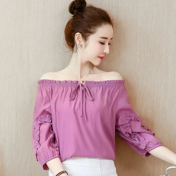 

Summer Sweet Lady Womens Ruffles Slash Neck White Blue Lantern Short Sleeve Blouse Top , Women Chiffon Blouses With Bow Tops