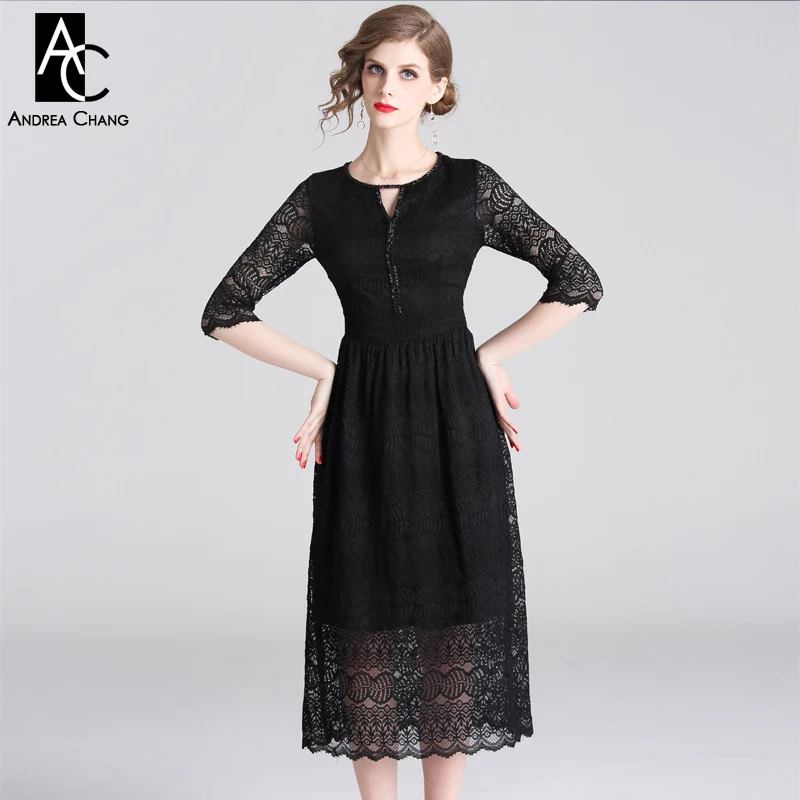 

S-XXL spring woman dress ball gown paisley pattern black lace dress transparent 3/4 sleeve calf length vintage black lace dress