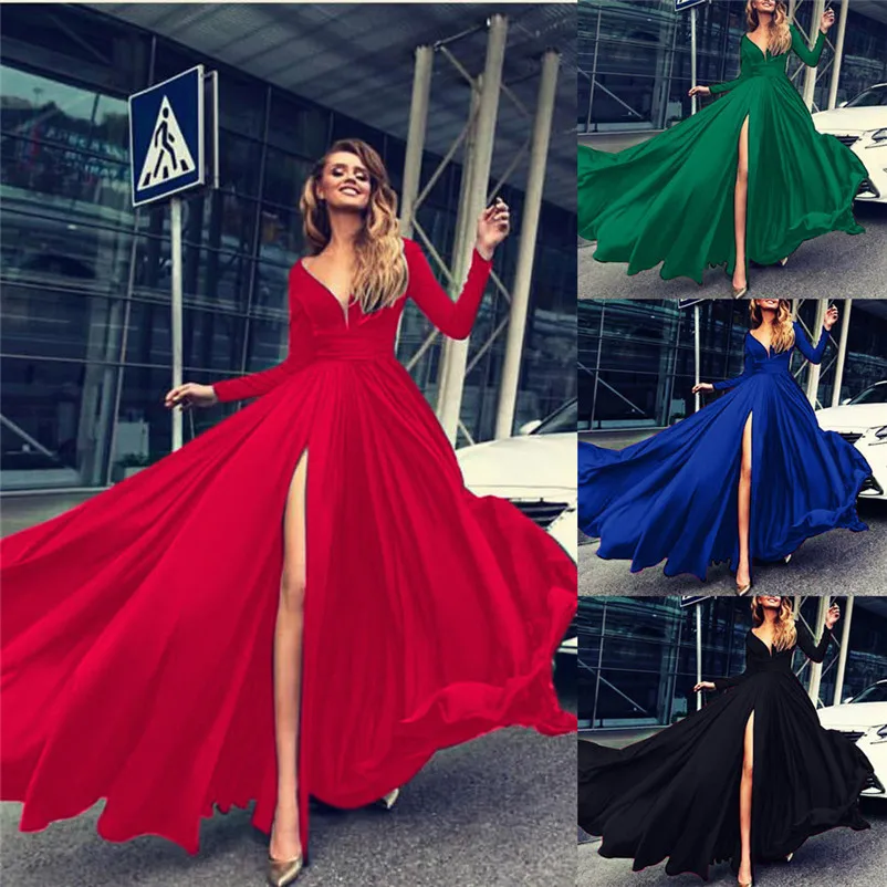 Women's Long Sleeve Sexy V Neck Soild Sling Everying Party Long Dress Casual elegant High Quality dress New Arrival N16#N (7)