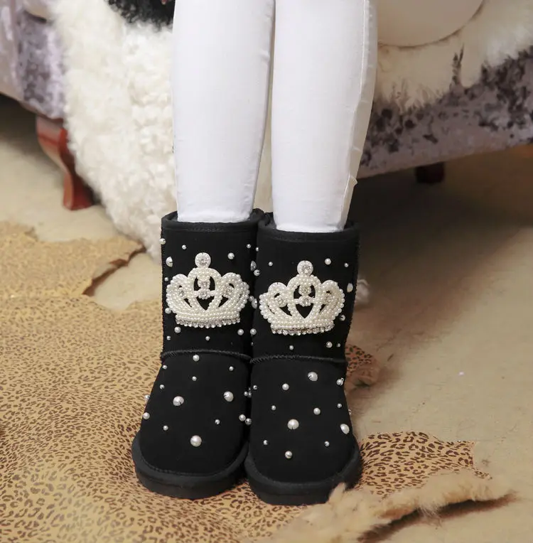 

2015 New Handmade diamond crown high leather boots tube FOX FUR WOOL snow boots female cotton