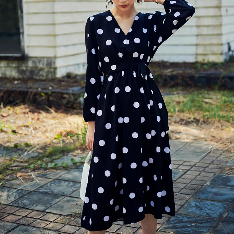 

Elegant Women Dot Print Long Sleeve Dress Summer Chiffon Sashes Female V neck Party Dress Vintage Maxi Dress Vestidos 2019