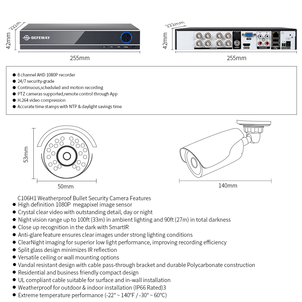 DEFEWAY 8CH 1080P DVR комплект 6 шт. 2.0MP 2000TVL камера P2P система ИК Открытый ночное видение комплект видеонаблюдения