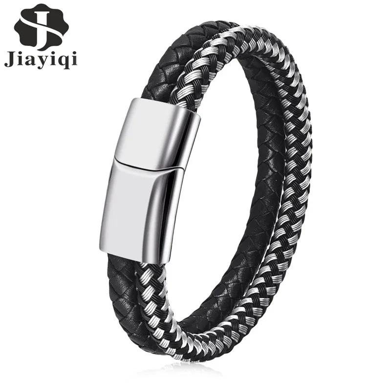 

Jiayiqi Punk Men Double Braided Leather Bracelet Stainless Steel Magnetic Clasp Fashion Bangles Best Gift Male Jewelry
