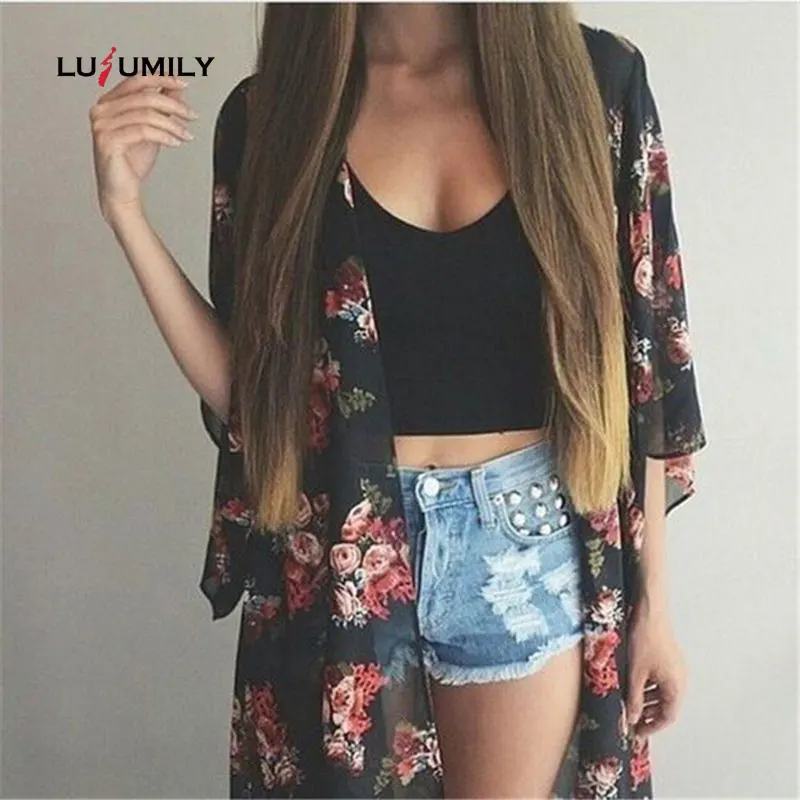 

Lusumily Casual Vintage Kimono Cardigan Women Summer Long Jacket Chiffon Kimono Loose flora printed Black Blouse Ladies Tops