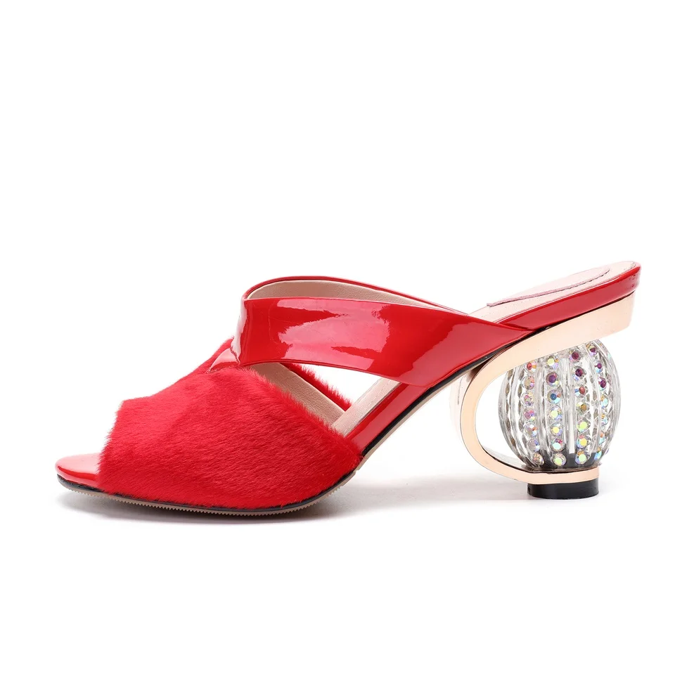 Новые стильные летние сандалии и шлепанцы с блестящими шариками, на каблуке 7,5 см, с открытым носком, модные черные, красные женские шлепанцы, размеры 34-43 - Цвет: Красный