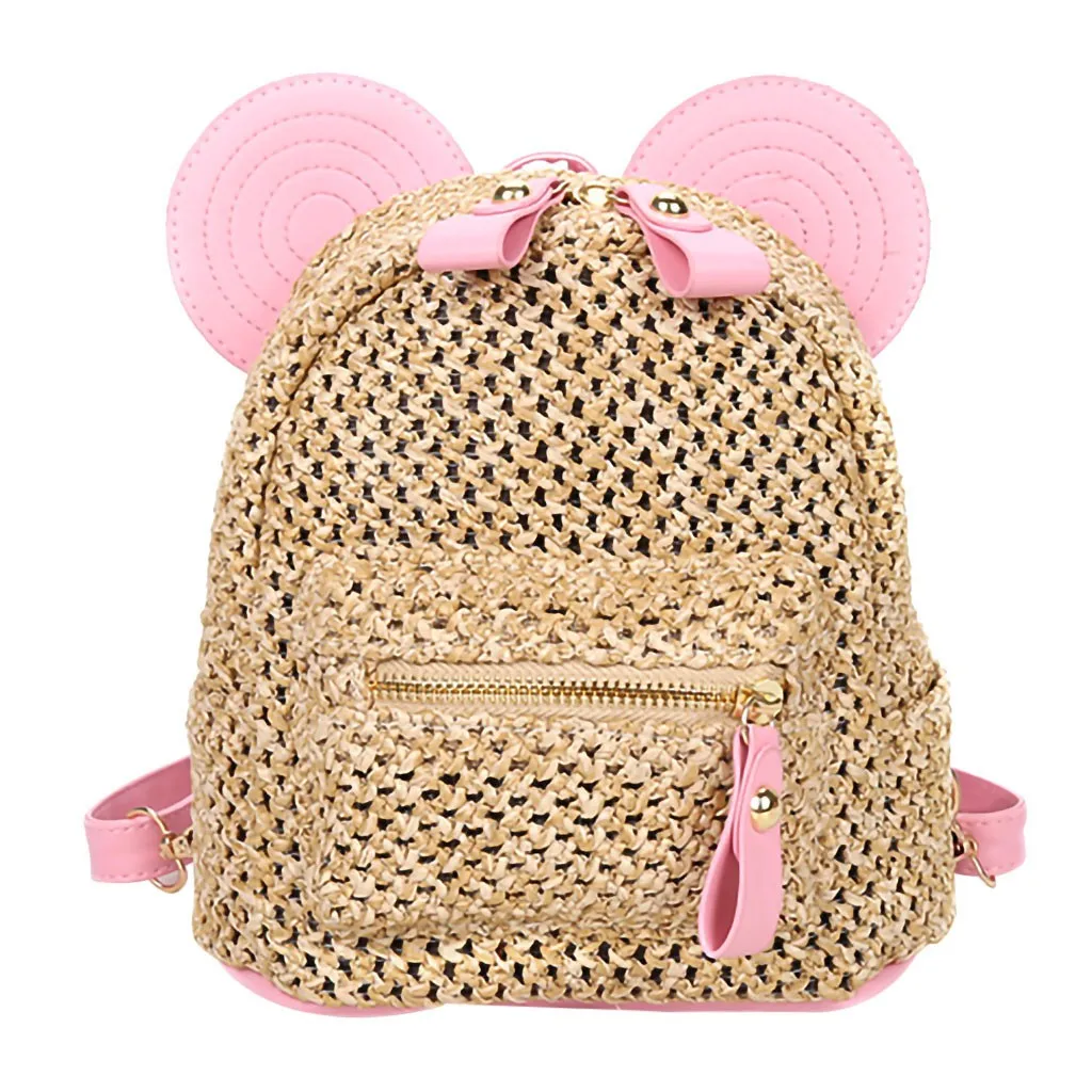 

Women Rattan Backpack Cute Rabbit Ears Double Shoulder Bag Mini Backpacks Children Girls Straw Woven Travel Knapsack