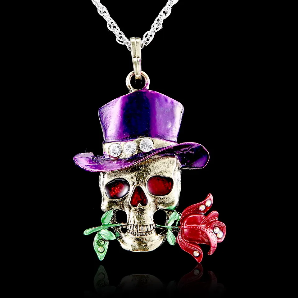 Ретро череп голова Роза цветок кулон ожерелье для женщин леди свитер цепи ювелирные изделия Винтаж Череп ожерелье Скелет фиолетовый