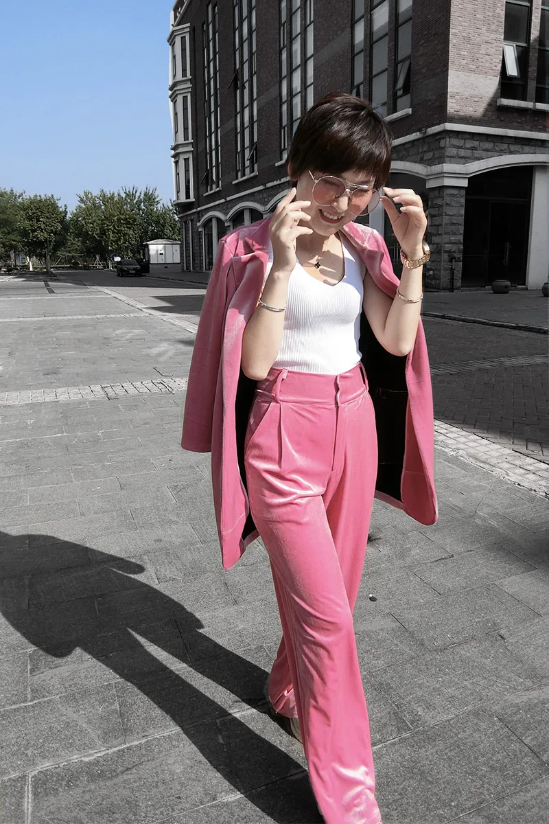 

Pant Suits OL 2 Piece Sets autumn gold velvet suit jacket female Slim was thin European and American small suit female suit