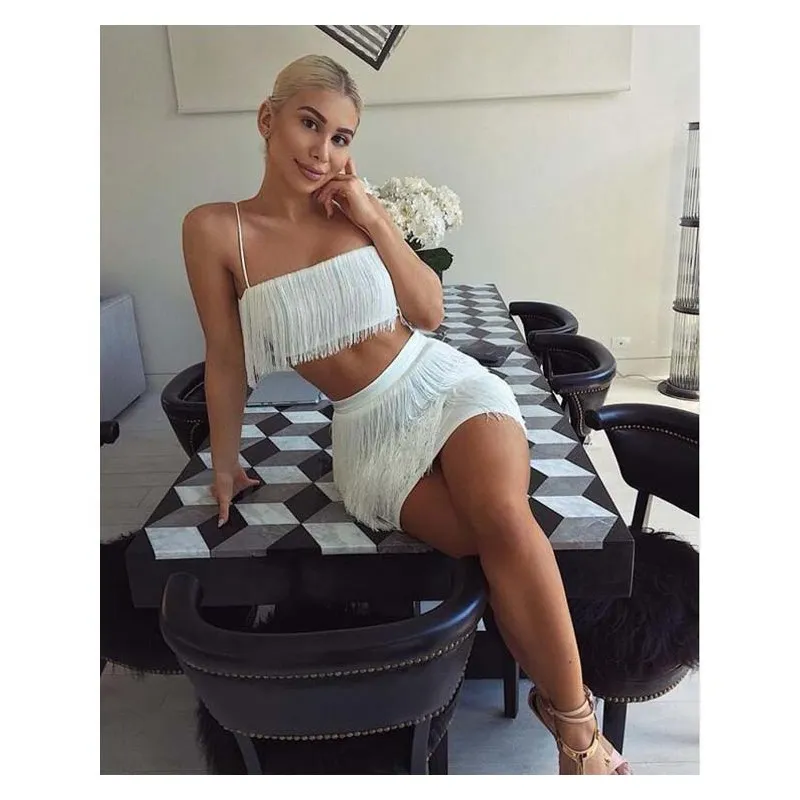 2018 Summer Vintage Tiered Tassel Fringe Crop Top& Mini Skirt Bodycon Club Sets Sexy Spaghetti Strap Backless 2 Piece Sets Women's Sets
