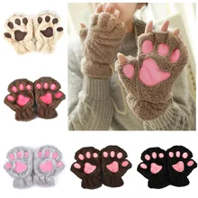 Winter Lovely Women Bear Cat Claw Paw Mitten Plush Gloves 2018 Short Finger Half Gloves Ladies Half Cover Female Gloves