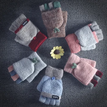 

Gloves lady winter sweet cute Korean cartoon student finger flip clam thick warm wool half half finger