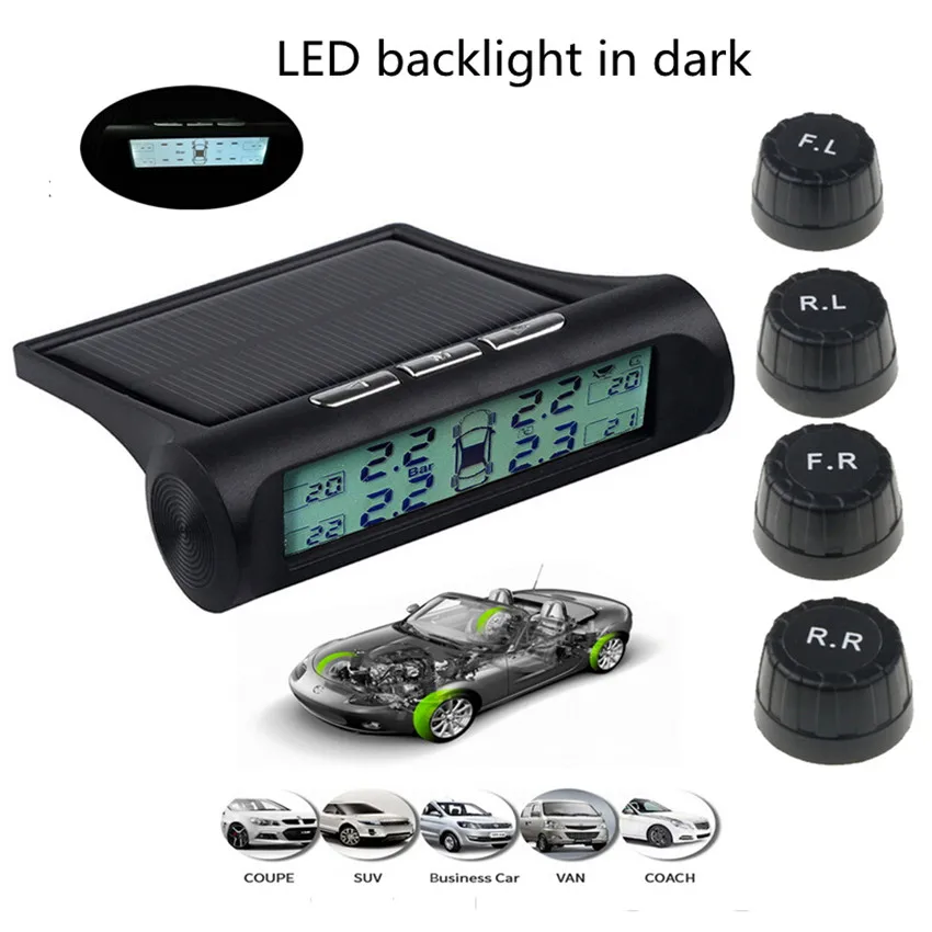 

Led Backlight tire pressure alarm monitor TPMS Car tire Pressure Monitoring System digital Display tyre Solar energy Power USB