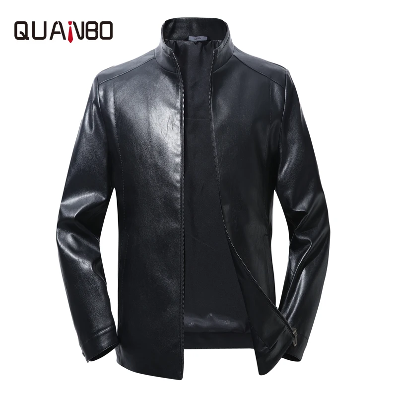 

QUANBO 2019 New Mens Thin Leather Jacket Slim Fit Handsome Motorcycle Leather Jacket Male High imitation Sheep Skin Men Coats