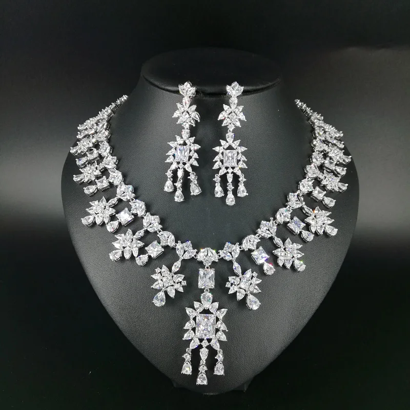 

2018 new fashion luxury elegant crystal flower cubic zirconia necklace earring set,wedding bride dinner party formal jewelry set