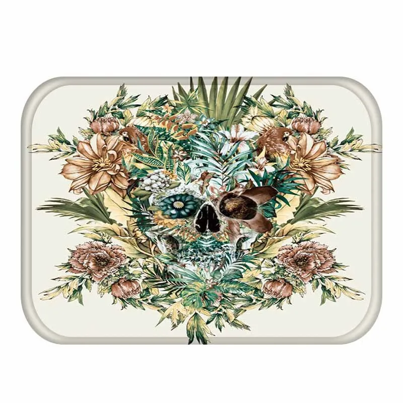Tropical Entrance Area Rug Waterproof Skull With Flower Pattern Carpet For Kitchen Bathroom Tapete Tapis Robot De Cocina