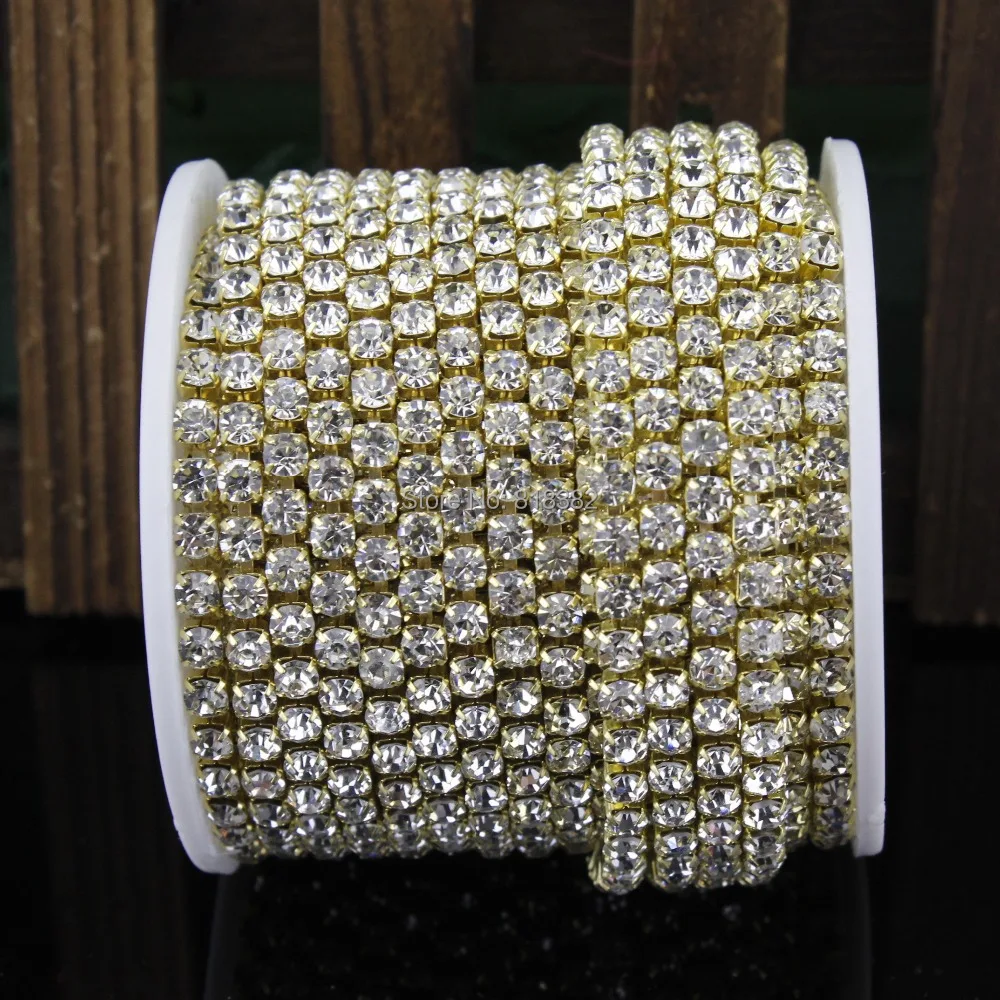 

SS16 Clear Crystal Compact Close Golden Rhinestone Chain Jewelry Craft Crystal Ribbon Band 2Colors