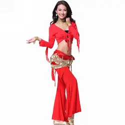 Живота Танцы костюм Цыганская юбка Для женщин живота Танцы трико комплект шт рулон топ с длинными рукавами брюки и бусины цепи