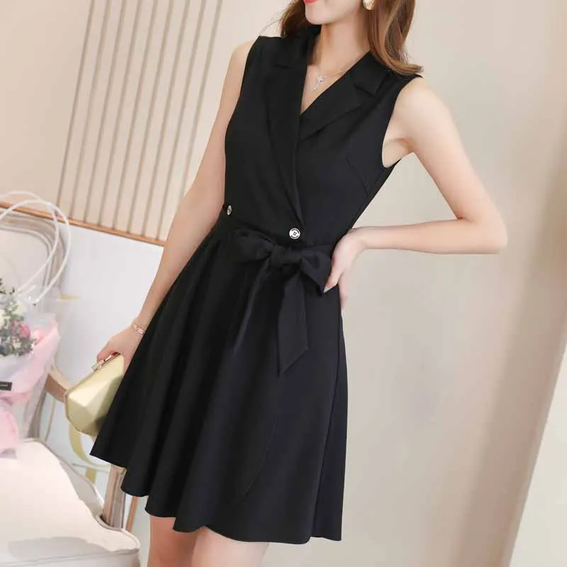 

Women Summer V-neck Black shirt dress Sleeveless buttons Elegant Solid Dresses female Office Work Wear vestidos