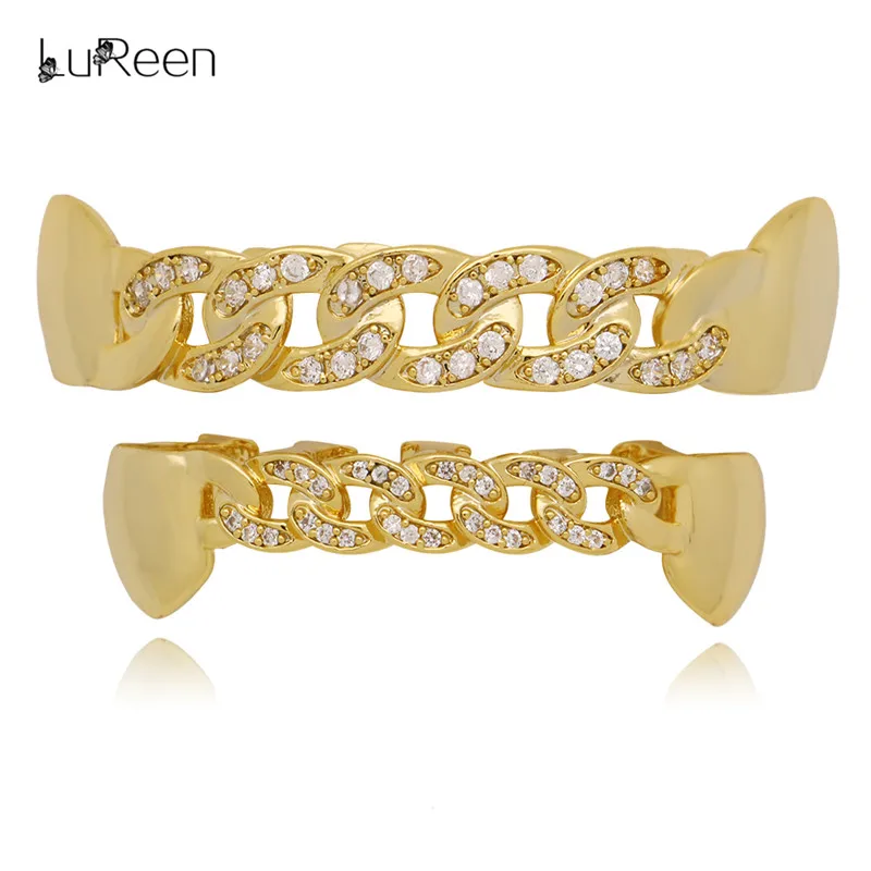 

LuReen Luxury Hip hopGold Teeth Grillz Cuban Link Chain Fang Iced OutTooth Grills Vampire Teeth Caps Cosplay Halloween Jewelry