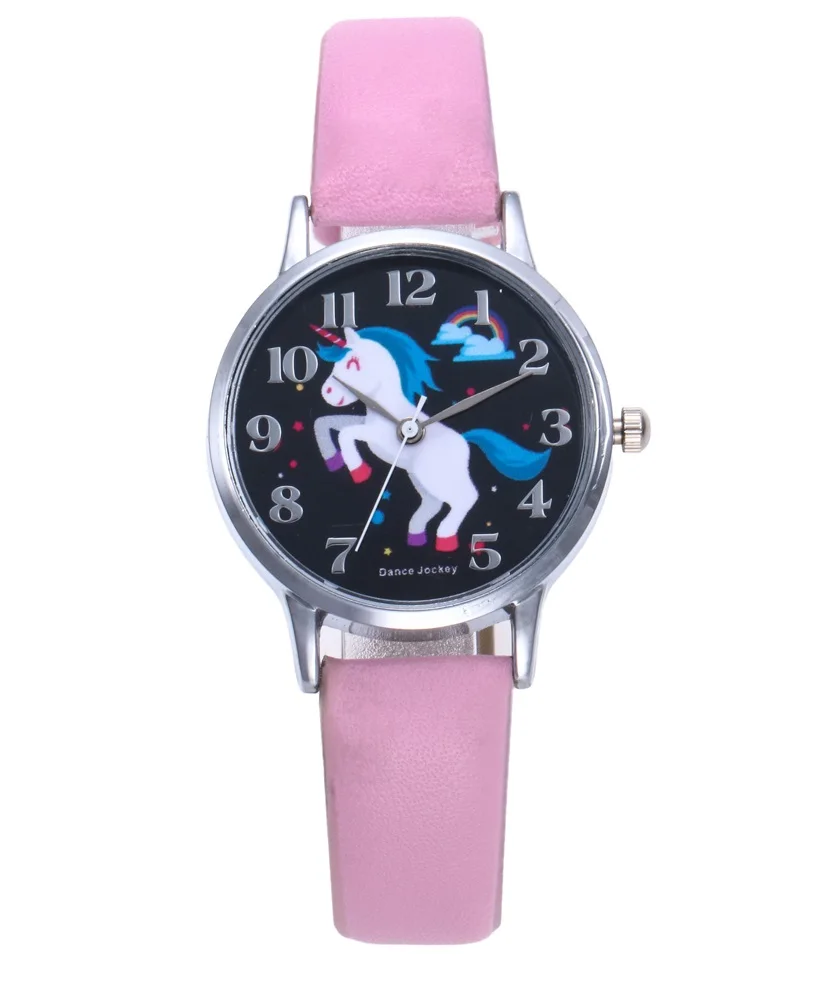 Рождественский подарок, милые детские часы с единорогом для девочек и мальчиков, спортивные часы с кожаным ремешком, популярные Мультяшные часы, новые модные детские часы - Цвет: Black Dail Pink