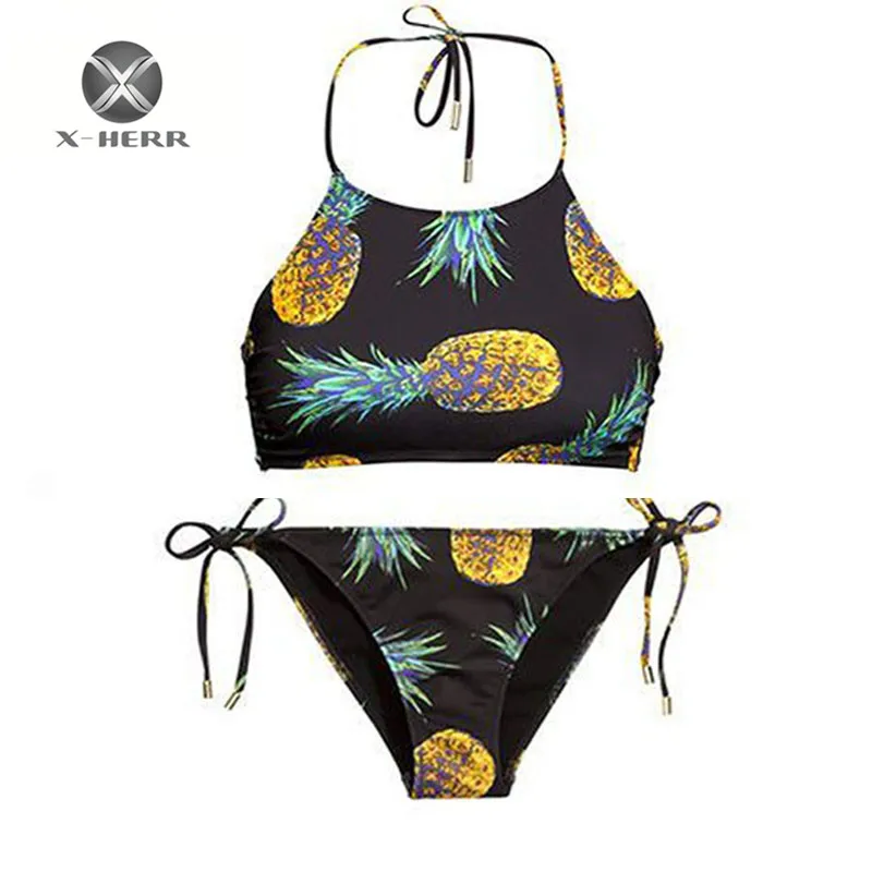 

X-HERR Pineapple Bikini Set 2017 Women Sexy Swimwear Halter Swimsuit Beach LadiesTwo Pieces Bathing Suits Beach Bikinis