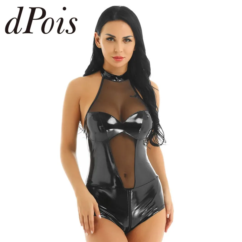 Женское нижнее белье из искусственной кожи Wetlook Сетчатое комбинированное Боди