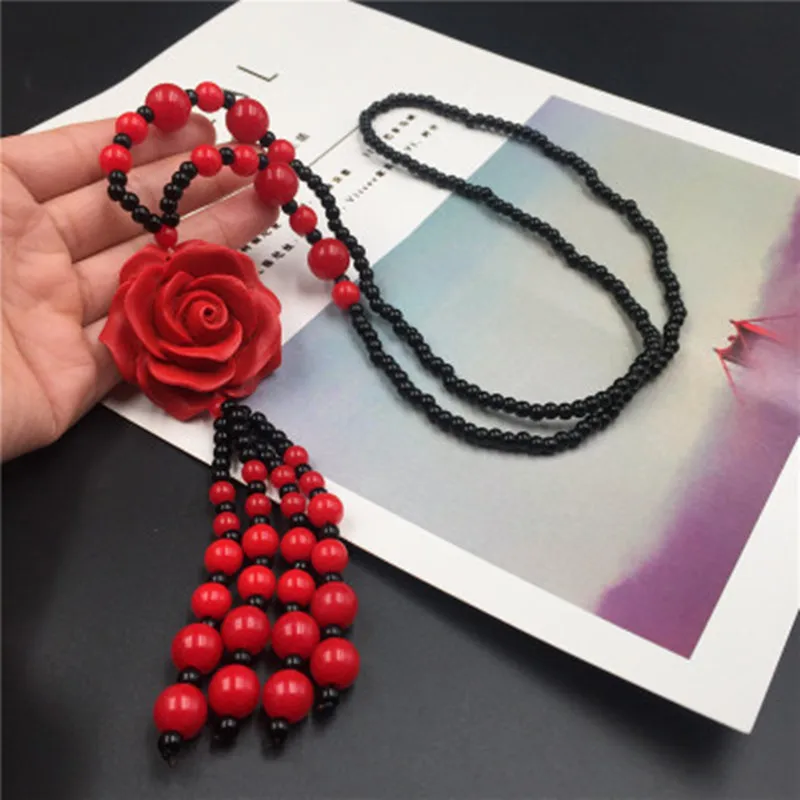 

Natural Red Stone Carved Lacquer Rose Chokers Necklace long chain with pendant Bridal Accessories Women Gift XL171