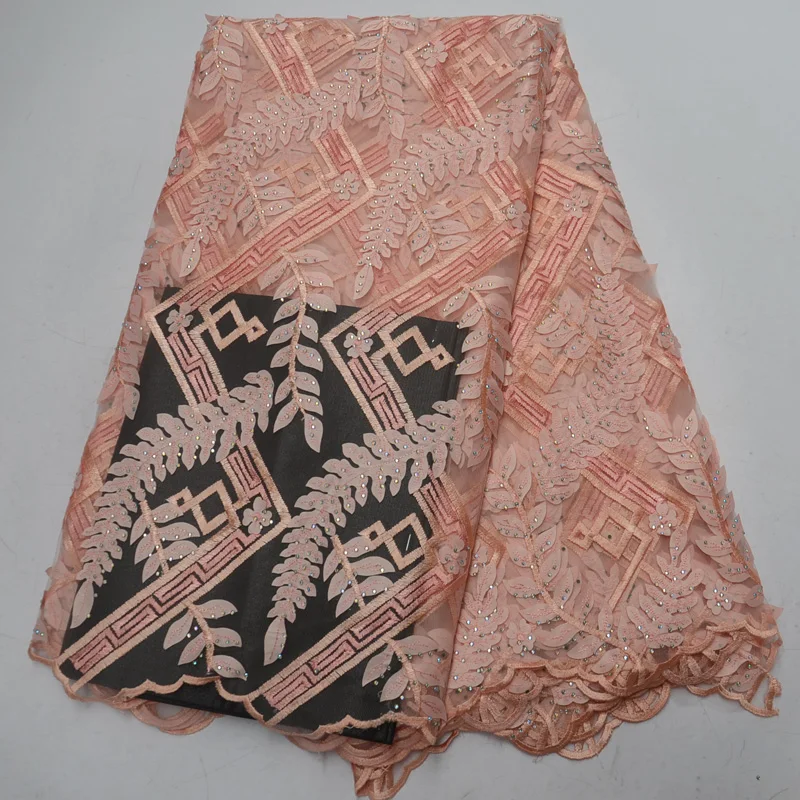 

Free shipping (5yards/pc) peach French lace African tulle lace fabric with fantastic laser cut embroidery and stones FLP980