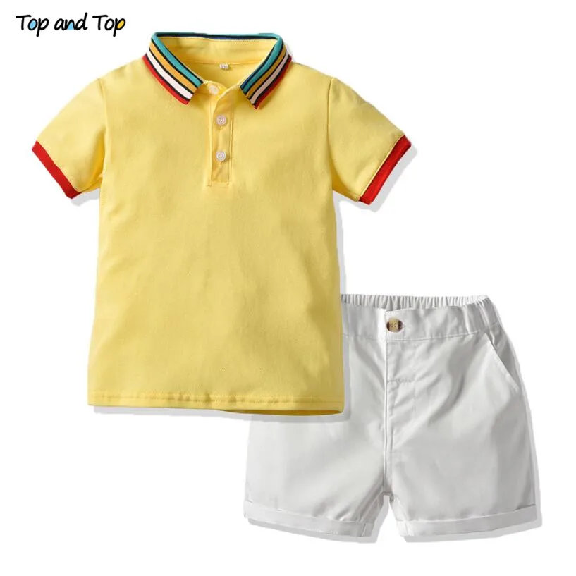Топ и топ, летние комплекты одежды для мальчиков хлопковая футболка в полоску с короткими рукавами блуза+ короткие штаны, детская одежда для мальчиков костюм из 2 предметов - Цвет: Цвет: желтый