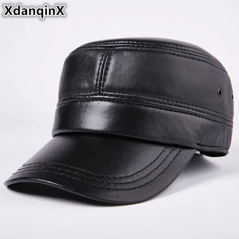 

XdanqinX New Autumn Winter Genuine Leather Hat Men's Flat Cap Sheepskin Army Military Hats Adjustable Size Snapback Brands Caps