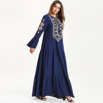

Lugentolo Women Summer Dress Fashion Plus Size Big Swing Muslim Print Long Sleeve Pleated Stitching Embroidery Loose 4XL Dresses