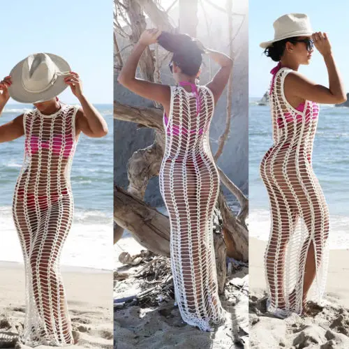 

Sexy White Mesh Transparent Beach Dresses Women Lace Crochet Bikini Cover Up Tunic Swimwear Bathing Suit Swimsuit