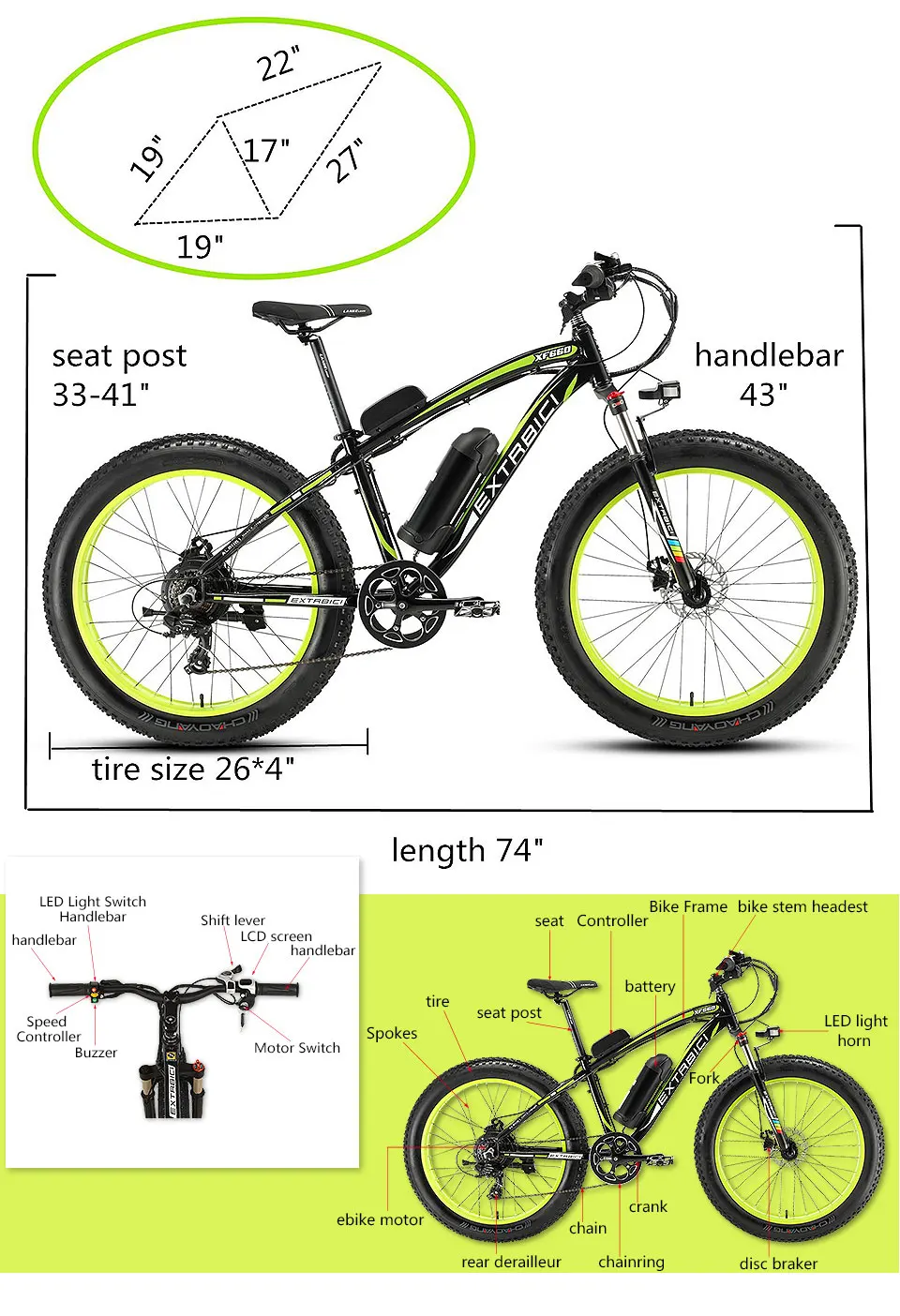 Discount Cyrusher XF660 Fat Tire Electric Bike 7 Speeds Mechanical Disc Brake 500W 48V 10.4ah with Adjustable Handlebar Bike Light 10