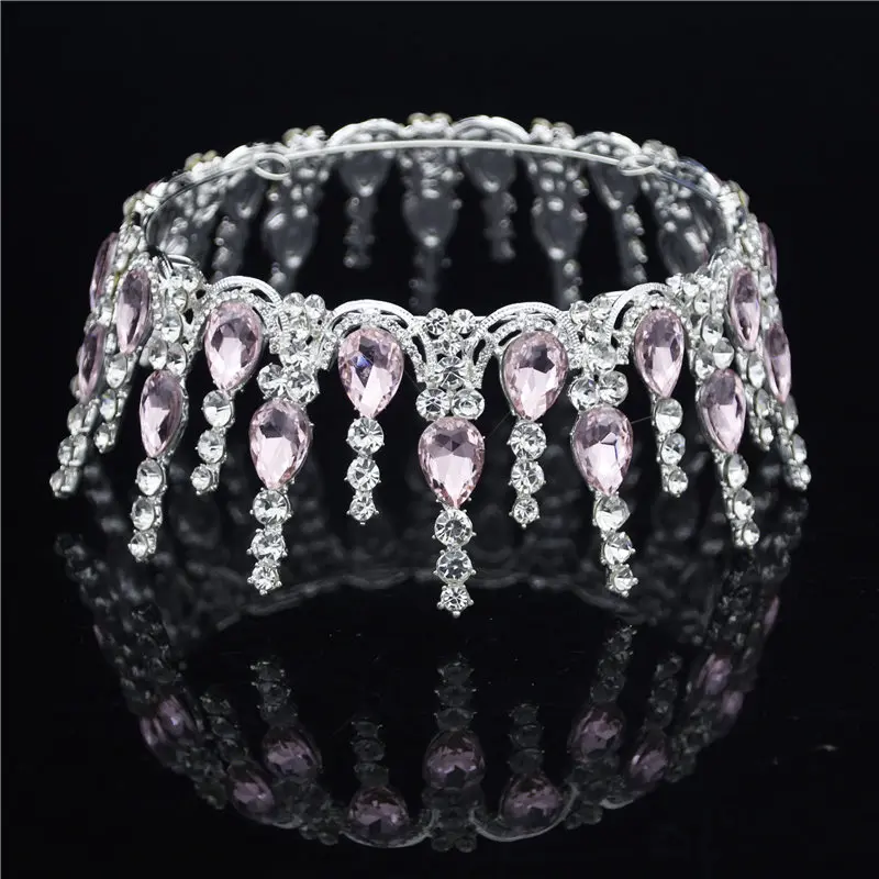 Потрясающая кристальная корона для невесты, Королевская корона, роскошная свадебная диадема, корона для невесты, украшения для волос, аксессуары - Окраска металла: Silver Pink