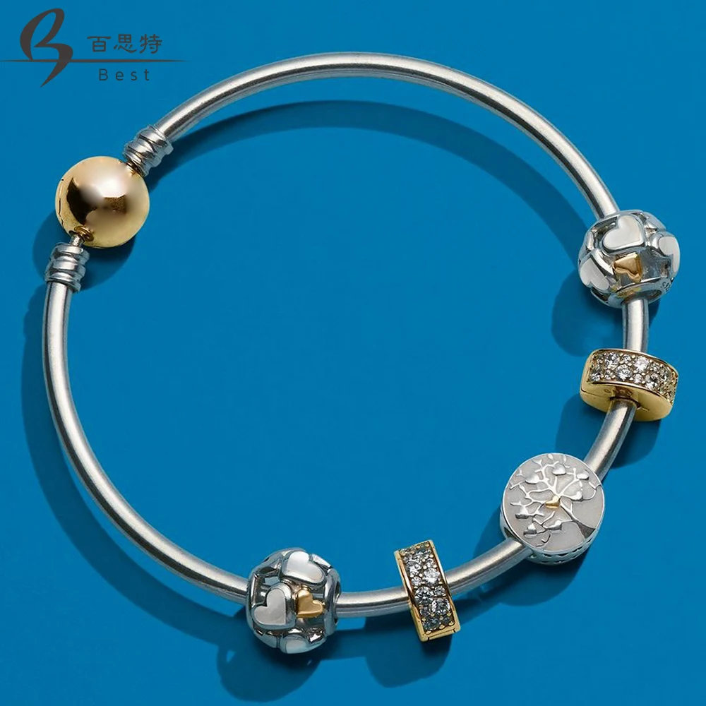 

BEST 100% 925 Sterling Silver 1:1 Tree of Hearts Charm Luminous Hearts Charm, Mother-Of-Pearl & 14K Gold Bangle Set