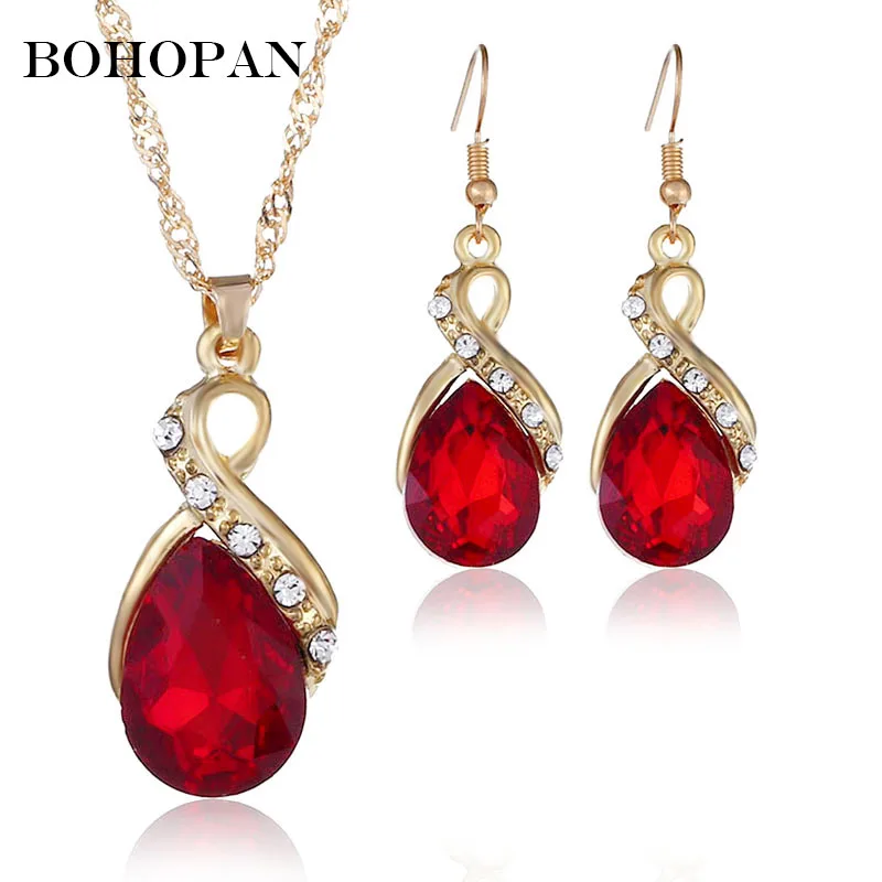 

Fashion Wedding Jewelry Set Gold Chain 4 Color Water Drop Gem Shape Luxury Crystal Earrings&Necklace For Women Bijoux Sets 2018