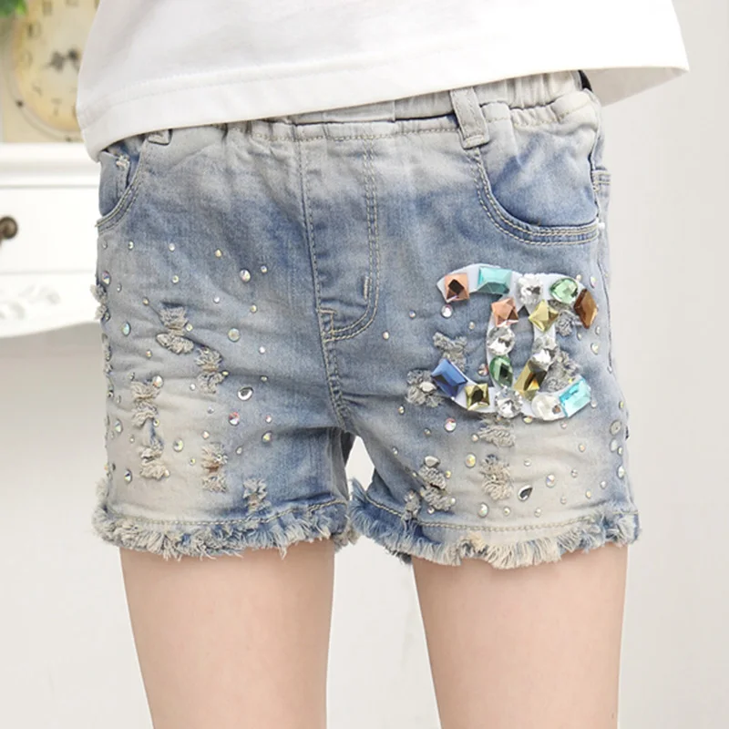 Baby Girl Crystal Decoration Ripped Jeans Shorts for Summer Children